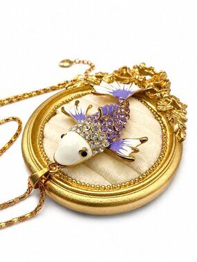 Betsey Johnson Koi Fish Pendant Necklace Purple Enamel Crystal Rhinestone Gold T